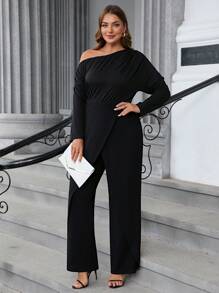 SHEIN Clasi Plus Size Asymmetric Collar Long Sleeve Split Overall In Solid Color