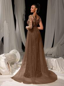 Elisanya Elegant Sequin-Glitter Mermaid Tail Gown With Floral Embroidery & Flowing Tulle Train | Luxury Evening Dress For Black Tie Galas, Weddings - Rust Brown - View 2