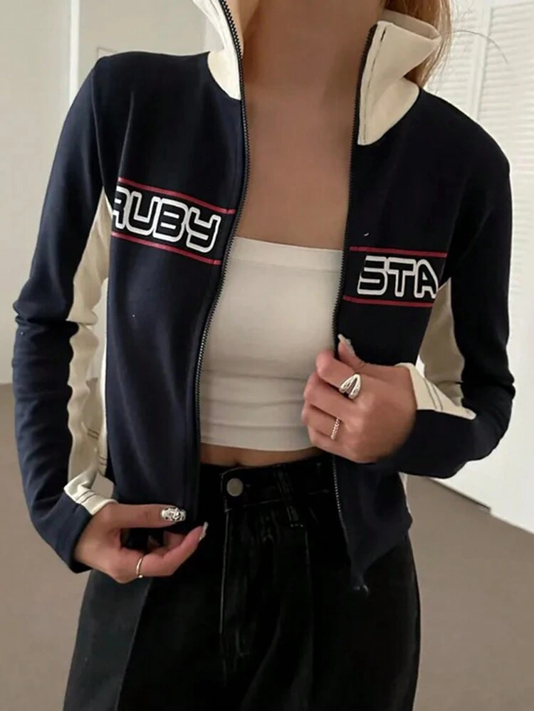 Women's Colorblock Letter Print Fitted Short T-Shirt,Fall Clothes Long Sleeve Women Tops Turtleneck Women Graphic Tee