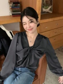 Áo cánh xoắn phía trước thanh lịch màu trơn cho nữ, quần áo mùa thu, áo dài tay kiểu học sinh - Màu xám đen - Xem 4