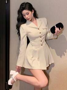 DAZY 女士纯色纽扣长袖休闲连衣裙，生日、新年、舞会礼服，荷叶边迷你裙，秋季优雅女装 - 白色 - 查看 1