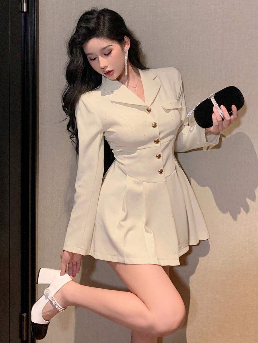 DAZY 女士纯色纽扣长袖休闲连衣裙，生日、新年、舞会礼服，荷叶边迷你裙，秋季优雅女装 - 白色 - 查看 1