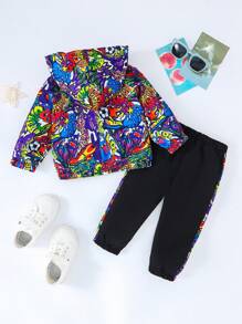 Bộ 2 áo hoodie và quần in hình hoạt hình & graffiti thường ngày cho bé trai, mùa thu/đông - Nhiều màu - Xem 2