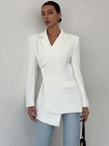 Aloruh New White Garibaldi Cinched Waist Asymmetric Hem Elegant Women Blazer - White - View 8