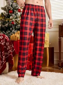 Men's Plaid Print Drawstring Waist Pajama Pants, Christmas, Winter - Red - View 7