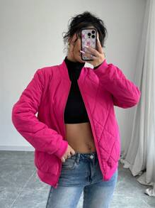 SHEIN Unity 钻石绗缝休闲棉服，秋冬装 - 玫瑰紅 - 查看 1