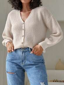 SHEIN LUNE Plus Size Buttoned Drop Shoulder Cardiganbusiness Casual Woman,Holiday Outfits,Country Tops, For Winter - Apricot - View 4