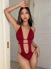 SHEIN ICON Bộ đồ liền thân hở lưng buộc dây màu đen - Màu Đỏ Sâu - Xem 2