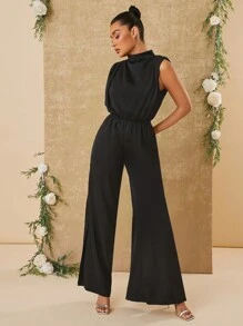 SHEIN Unity Draped Front Wide Leg Jumpsuit With Shoulder Pads - Black - View 5