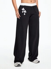 ROMWE Grunge Punk Y2K Ultra Low Waist Cross Embroidered Sweatpants