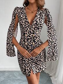 SHEIN Privé Women's Spring & Autumn Leopard Print V-Neck Double Breasted Cape Sleeve Elegant Blazer - Multicolor - View 4