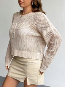 SHEIN Privé Plus Size Women Knitted Pullover Sweater, Fall Season, Apricot Color, Hollow Openwork Embroidered Design - Apricot - View 7