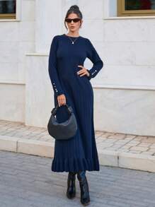 EURMUSE Elegant Raffle Hem Button Detailed Sleeves Maxi Rib Knit Sweater Dress - Navy Blue - View 5