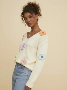 Travachic V-Neck Colorful 3D Floral Loose Casual Women's Long Sleeve Sweater,Fall Women Clothes,Women Sweaters