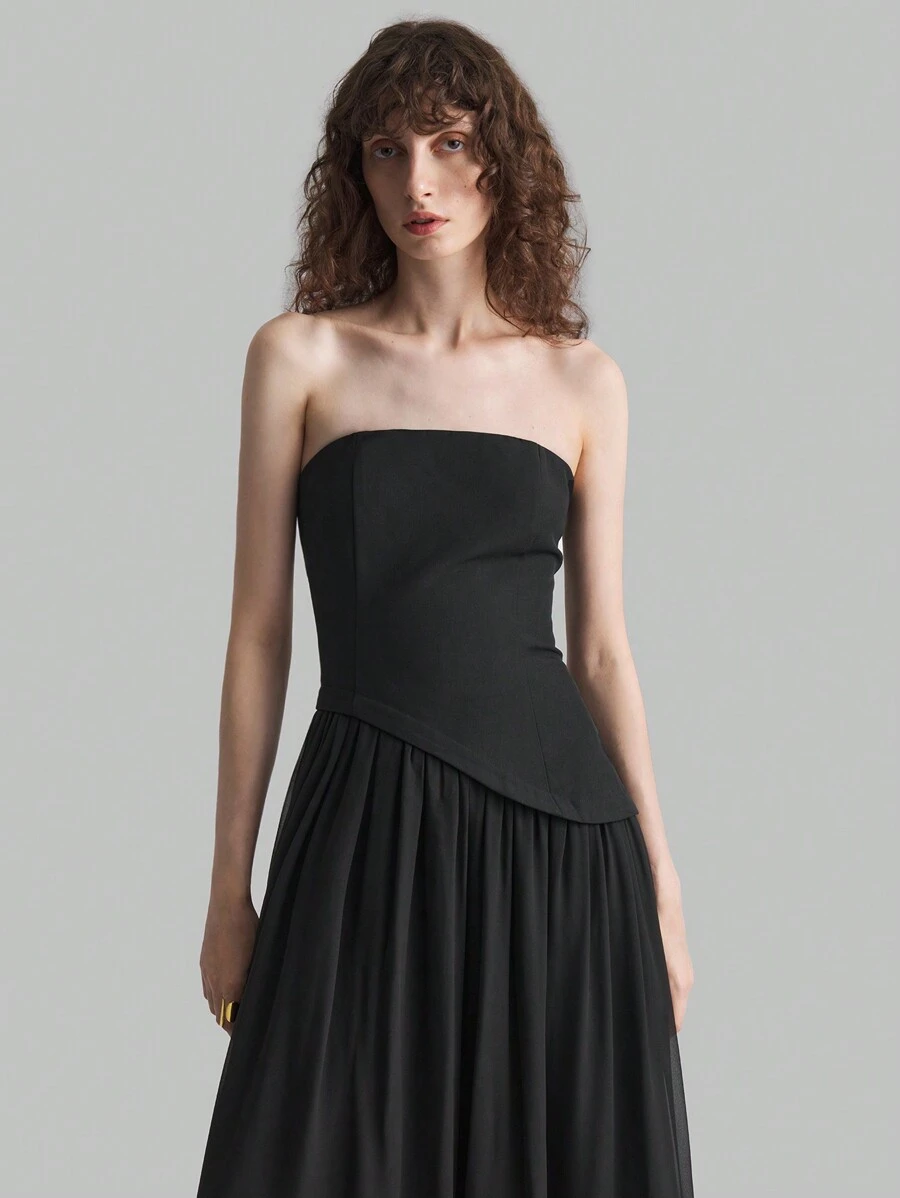 Ontre Váy chữ A trễ vai mới nhất mùa xuân 2025 dành cho nữ, Váy mặc hàng ngày và dự tiệc, Váy dài trễ vai chắp vá màu đen - màu đen - Xem 1