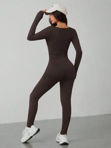 SHEIN PETITE Spring Scoop Neck  Long Sleeve Jumpsuit - Brown - View 3