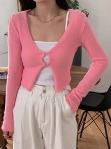 DAZY Women's Solid Color V-Neck Cropped Fitted Cardigan Sweater,Fall Clothes - Pink - View 1
