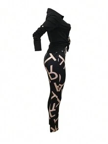 欧美秋冬字母迷彩印花拼布休闲开衫+裤子两件套 - 黑色 - 查看 4