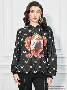 Marilyn Monroe X SHEIN Women Casual Loose Fit Butterfly & Figure Print Drop Shoulder Black Hoodie, Fall/Winter - Black - View 5