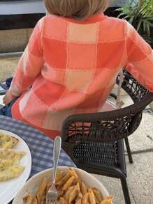 SHEIN EZwear Sweater Con Patrón A Cuadros De Bloque De Color - Rosa - Ver 2