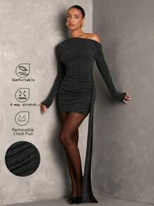 SHEIN BAE Vestido negro de mujer con hombros descubiertos, manga larga, plisado y ajustado de felpa para otoño e invierno, vestido elegante, vestido de invierno, atuendo de mujer para conciertos - Negro - Ver 4