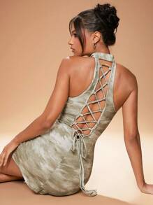 Hauture Halter Neck Criss Cross Back Print Mini Dress , Open Back Dress - Dark Grey - View 1