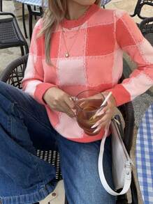 SHEIN EZwear Sweater Con Patrón A Cuadros De Bloque De Color - Rosa - Ver 1