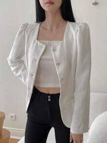 DAZY Women's Solid Square Collar Button Front Long Sleeve Elegant Jacket