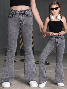 SHEIN Tween Girl Fashionable Casual Washed Denim Flare Pants - Dark Grey - View 3