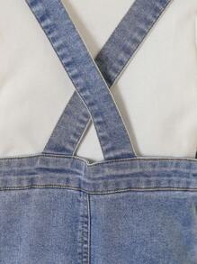 Peto vaquero elástico para bebé niña, pantalones de peto casual, suave ropa de calle con tirantes, liviano para todas las estaciones - Azul lavado medio - Ver 7