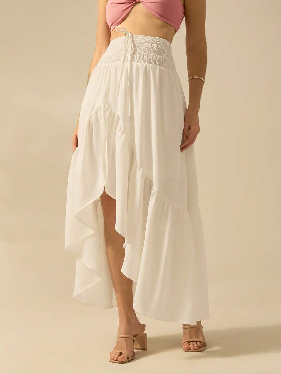 CAJUNI Women Flounce Asymmetrical White Maxi Boho And Elegant Skirt , Perfect For Holiday And Casual Outing - White - View 1