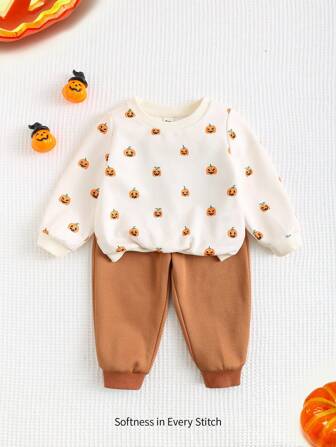 Cozy Pixies 2 pièces Ensemble de sweat-shirt col rond motif citrouille d'halloween et pantalon de couleur unie pour bébé garçon en automne