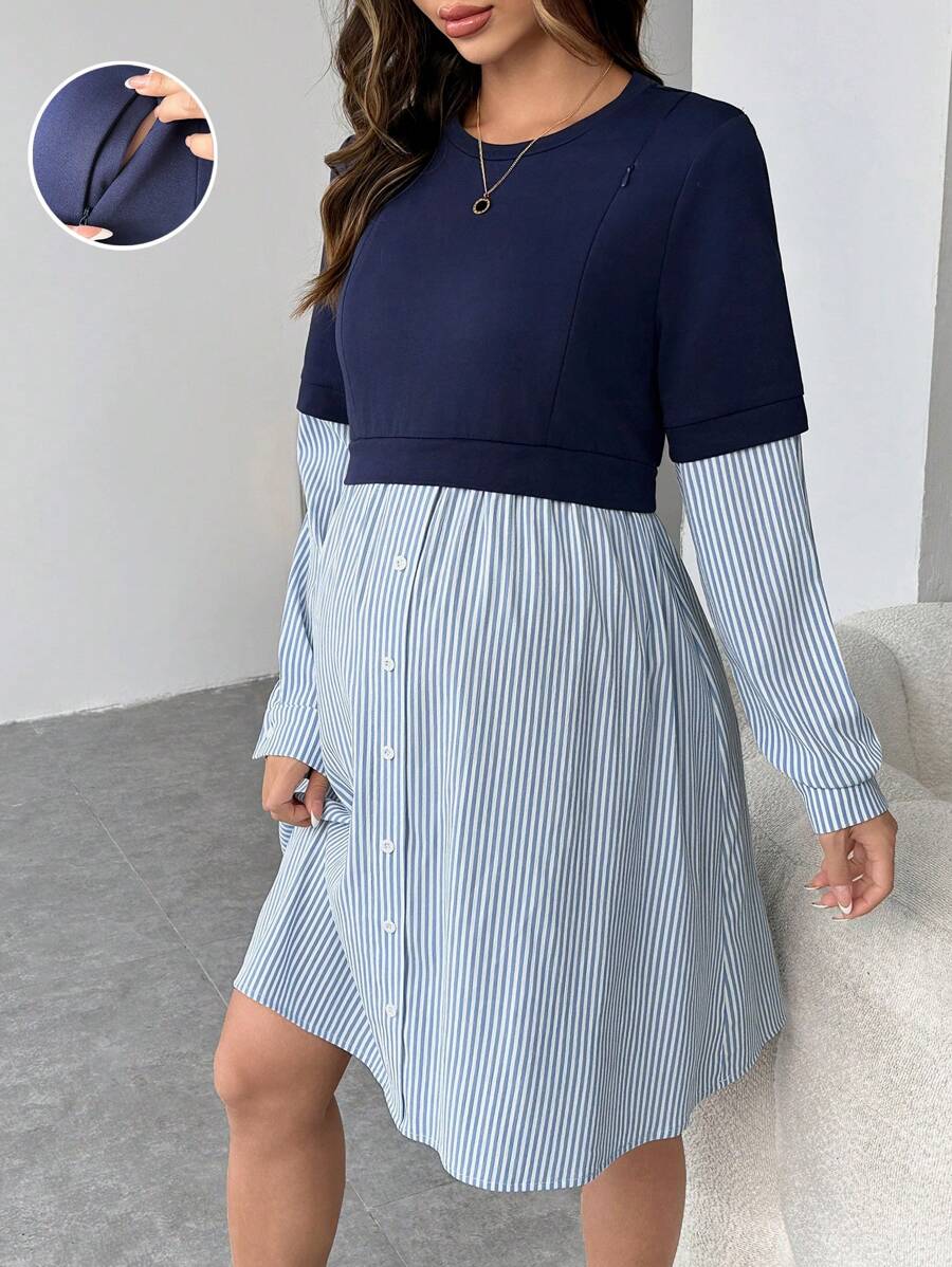 SHEIN Maternity Nursing Dress, Knit Round Neck Long Sleeve Colorblock Pregnant Women Dress, Blue - Blue - View 1