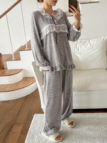 DAZY Sweet Bow Accent Floral Trim Pajama Set - Grey - View 7