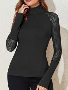 Ren tương phản Cổ cao Áo thun - màu đen - Xem 5