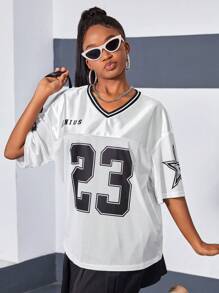 SHEIN Camiseta casual de manga caída con cuello en V de punto y malla en contraste con estampado numérico para adolescentes