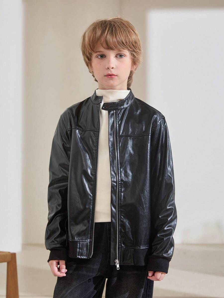 SHEIN Tween Boy Stand Collar PU Leather Fashion Long Sleeve Jacket