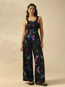 CAJUNI Women's Holiday Vacation Casual Bohemian Tropical Bird Print Black Jumpsuit For Summer