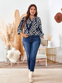 SHEIN LUNE Blusa casual de mujer de talla grande con botones delanteros, manga larga, bolsillo y estampado todo sobre para vacaciones - Multicolor - Ver 6