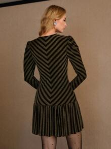 MOTF PREMIUM GLITTER STRIPED PRINT GIGOT SLEEVE V-NECK RUCHED ZIP FRONT RUFFLE HEM SHORT DRESS