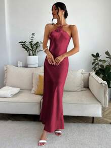 Firerie Women's 3D Flower Neck Tie Dress Elegant Graduation Formal Gown - Burgundy - View 5