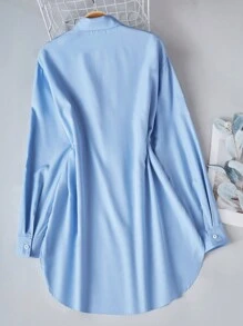 SHEIN Teen Girl Casual Basic Preppy Elegant Pleated Ruffled Collar Long Sleeve White Blouse For Girls, Suitable For Autumn, Winter, School, Back To School Season, Party, Stage Performance, Awards Ceremony, Daily Wear - Blue - View 4