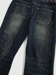 ROMWE Grunge Punk Quần Jeans Ống Loe Đính Đá Đính Hạt Họa Tiết Da Báo Cổ Điển Y2K Sexy Cho Nữ - Màu xanh lam - Xem 3