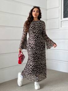 SHEIN EZwear فستان بطبعة نمر شبكي بدون ظهر مقاس كبير - بني - مشاهدة 3