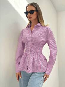 SHEIN Essnce Chemises manches longues femme automne 2024, chemises femme rayées roses, chemises femme boutonnées affinantes à la taille, chemises femme col v manches longues, casual de rue de vestes ajustées - Rose bonbon - Voir 5