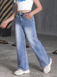 SHEIN Tween Girl Bow Print Denim Jeans,Holiday,Summer,Travel - Medium Wash - View 7