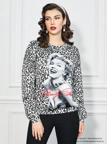 Marilyn Monroe X SHEIN Fall And Winter Black And White Round Neck Loose Sweatshirt , Leopard Print Portrait Pattern Sexy Casual Style