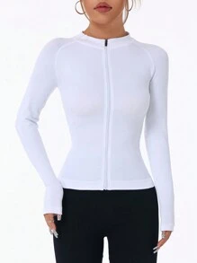 SHEIN Sports Women's Solid Color Raglan Sleeve Zipper Front Fitted Active Jacket - White - View 4
