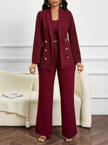 SHEIN Lady 四季婚礼宾客女士背心、西装和西装裤服装秋冬红色女士西装套装 - 酒紅色 - 查看 6