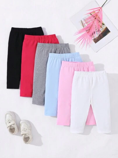 SHEIN Playful Pals 6 件装女婴舒适纯色紧身裤，适合春秋季节